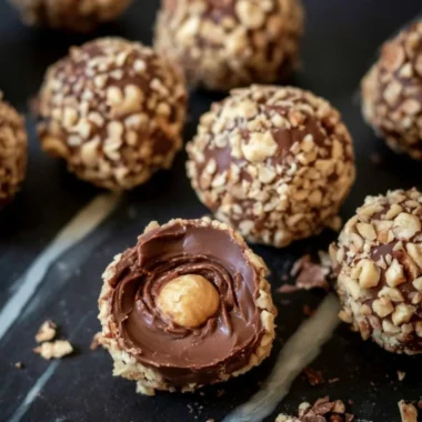 Delicious no-bake chocolate hazelnut truffles on a wooden platter.