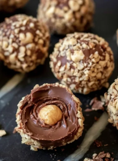 Delicious no-bake chocolate hazelnut truffles on a wooden platter.