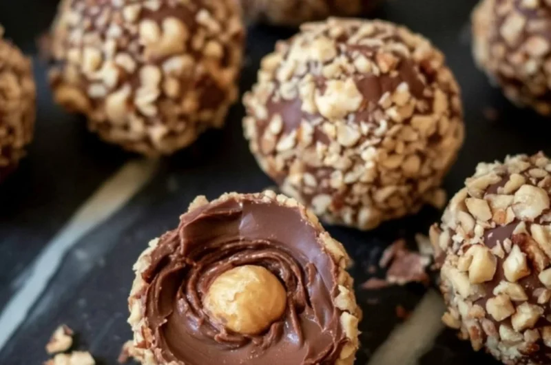 Delicious no-bake chocolate hazelnut truffles on a wooden platter.