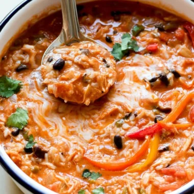 Delicious ONE POT Pepper Jack Chicken Fajita Soup garnished with fresh toppings