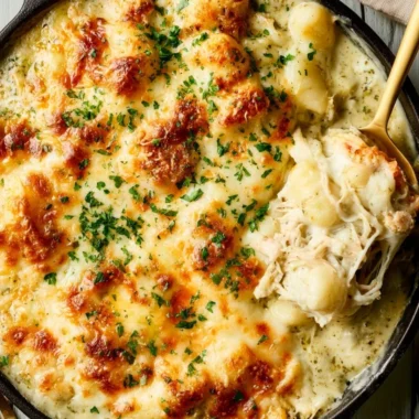 Pesto Chicken Gnocchi Bake in a casserole dish with fresh basil garnish.
