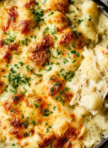 Pesto Chicken Gnocchi Bake in a casserole dish with fresh basil garnish.