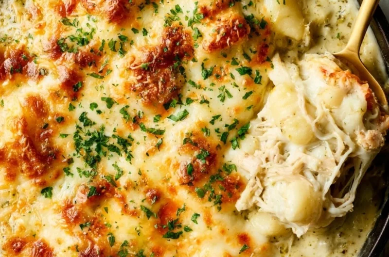 Pesto Chicken Gnocchi Bake in a casserole dish with fresh basil garnish.