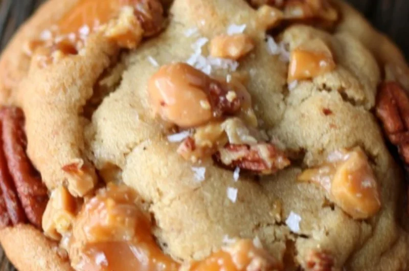 Delicious salted caramel crunch sugar cookies on a plate, perfect for desserts.