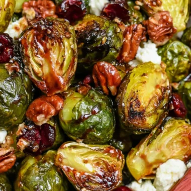 Maple Balsamic Roasted Brussels Sprouts served as a festive holiday side dish