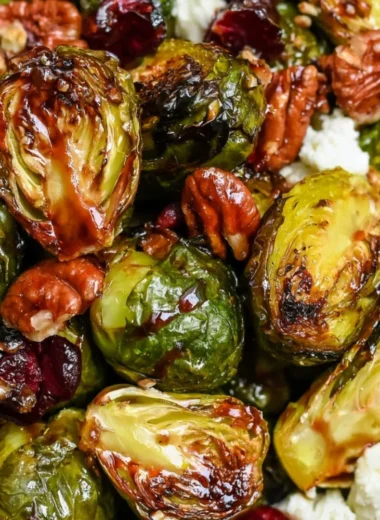 Maple Balsamic Roasted Brussels Sprouts served as a festive holiday side dish