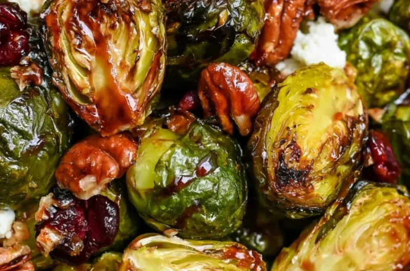 Maple Balsamic Roasted Brussels Sprouts served as a festive holiday side dish
