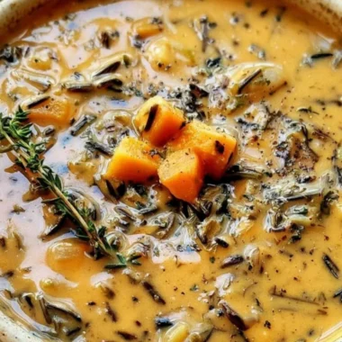 A comforting bowl of one-pot wild rice soup garnished with herbs.