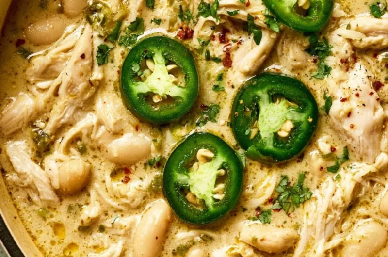 Bowl of White Chicken Chili topped with fresh cilantro and jalapenos.